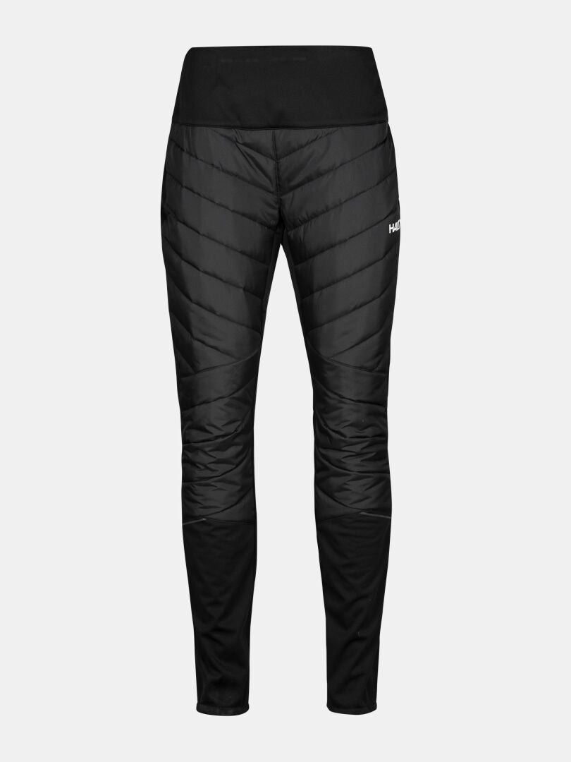 Halti Hanki 2 Hybrid Hiihtohousut Naiset Plus: eristetyt softshell-housut korkealla vyötäröllä, vinotikkauksilla ja logolla.