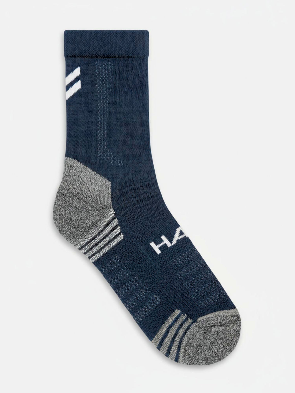 Halti XC Lite Hiihtosukat: tummansininen urheilusukka, jossa harmaa kantapää/varvas, valkoiset raidat, logo ja silikonigrippi pitoa varten.