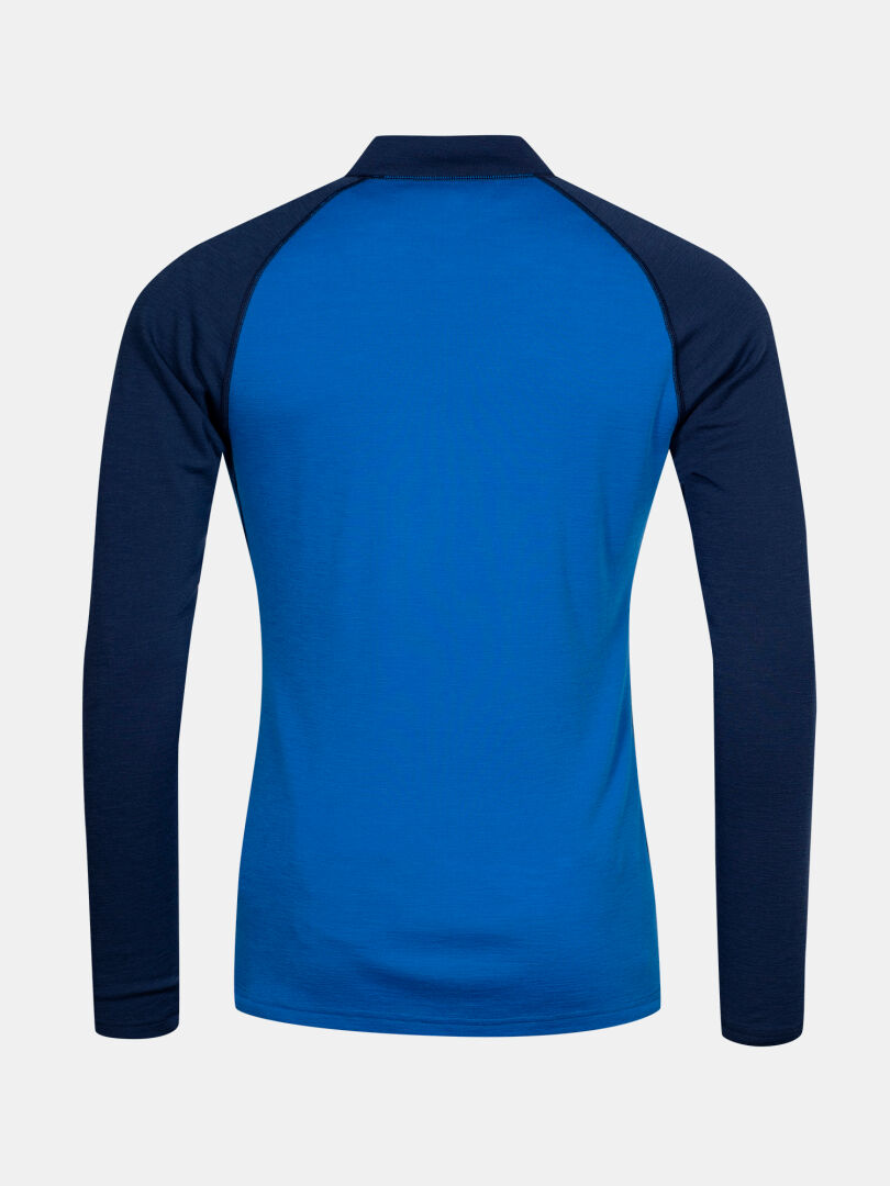 Halti Neva Merino Kerrasto Miesten paidassa on sininen selkäosa, tummansiniset hihat, ja se on kuvattu takaa valkoisella pohjalla.