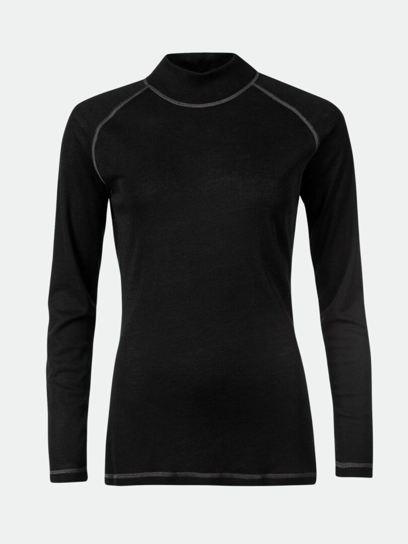 Black Halti Neva Merino Kerrasto – naisten pitkähihainen merinovillainen aluspaita, jossa on korkea kaulus ja harmaat ompeleet.