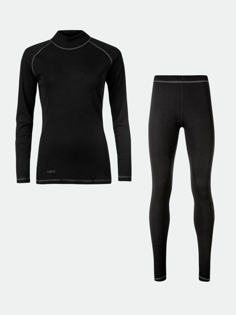 Halti Neva Merino Kerrasto -naisten musta merinovillainen aluspaita ja siihen sopivat leggingsit, joissa on näkyvät saumat.
