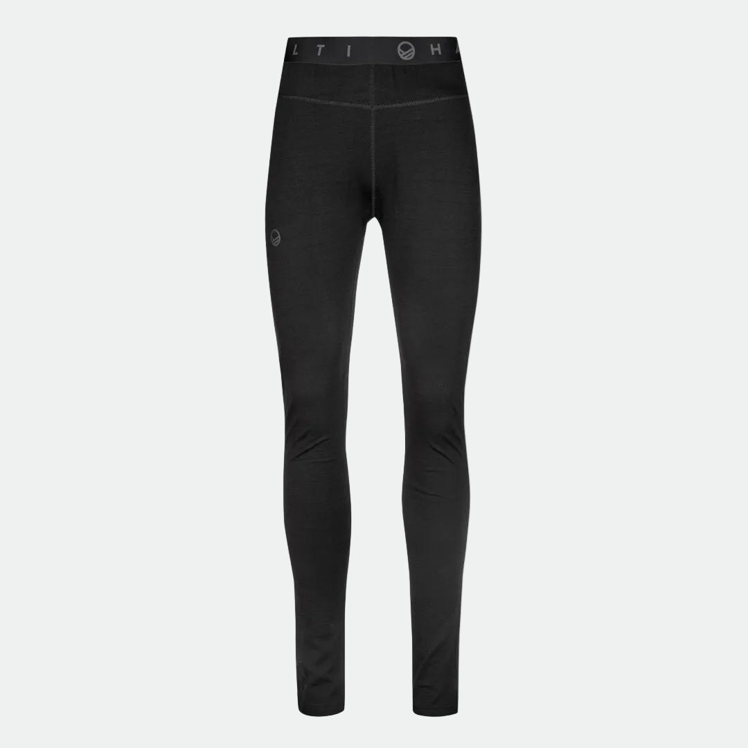 Halti Pihka II Merino Alushousut Naisten: mustat täyspitkät lämpöleggingsit, jotka sopivat aktiiviseen käyttöön.