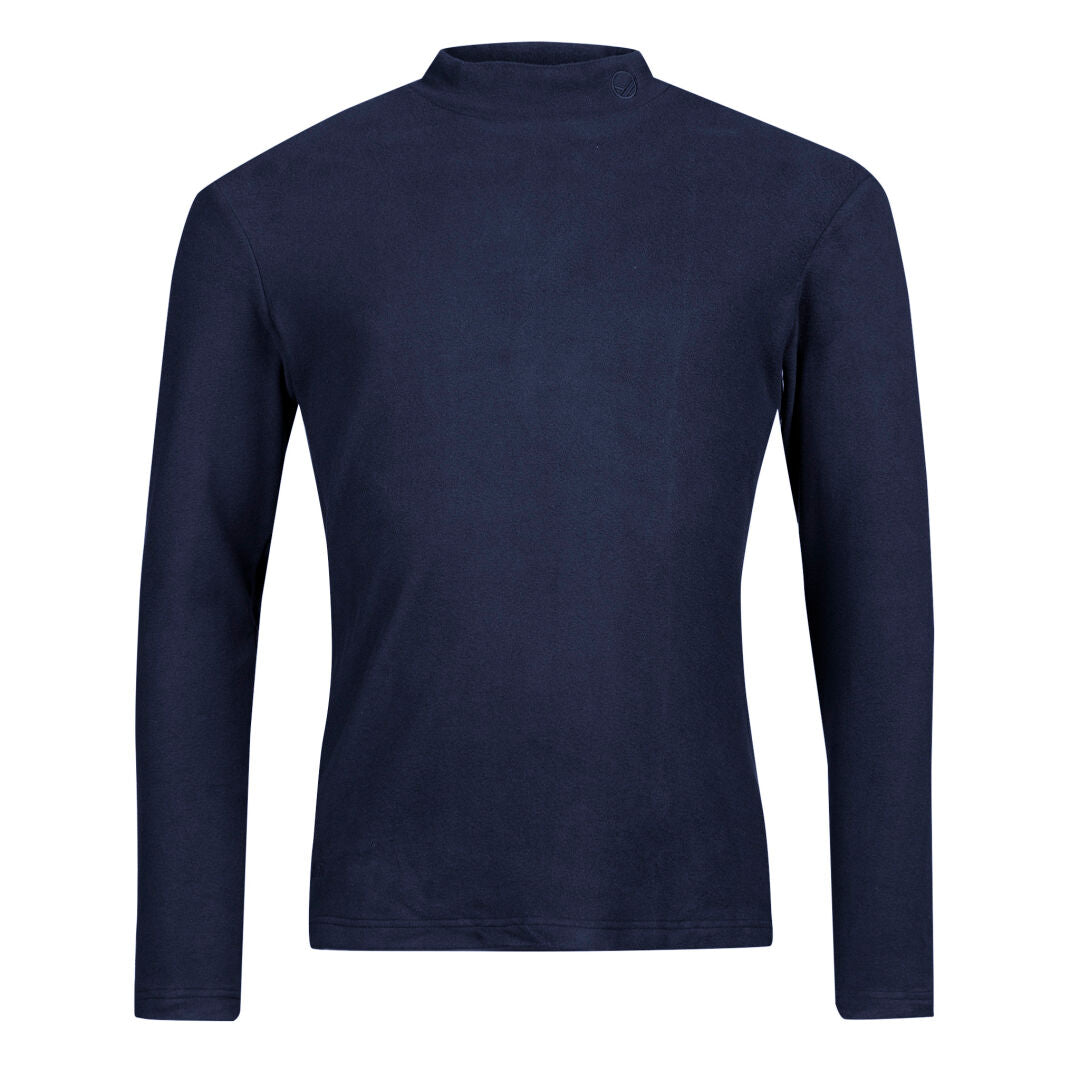 Halti Trone Fleecepaita Miesten on yksivärinen, tumman tummansininen miesten pitkähihainen turtleneck-paita valkoisella.