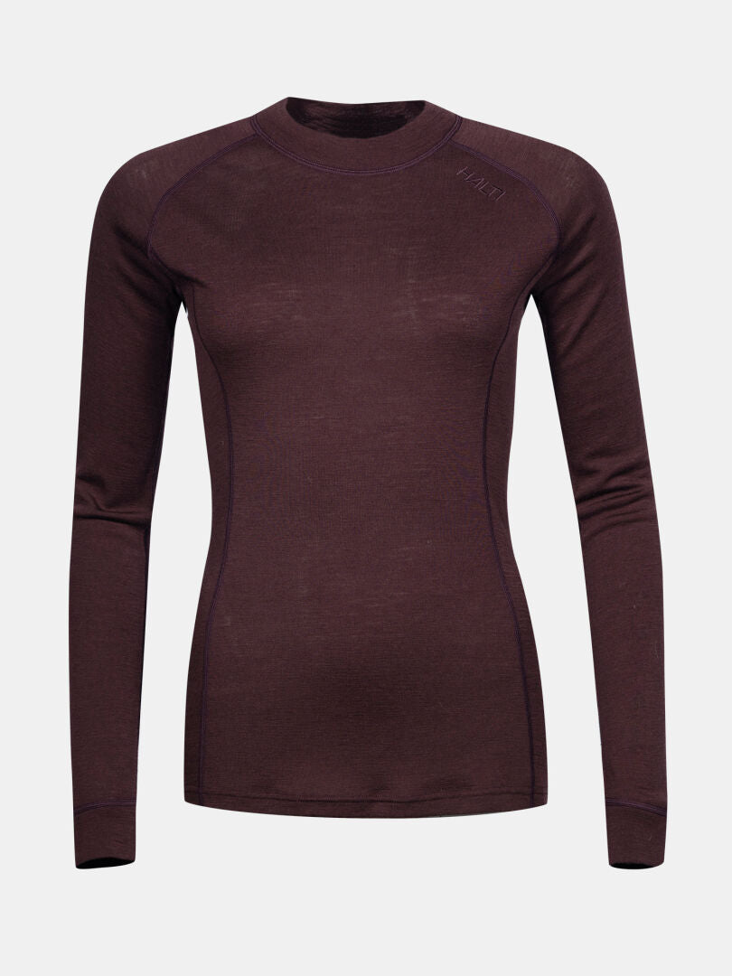 Halti Hossa II Merino Kerrasto Naisten Crew Neck -toppi, tummanruskea, pitkähihainen, istuva; kuvassa yksivärisellä pohjalla.
