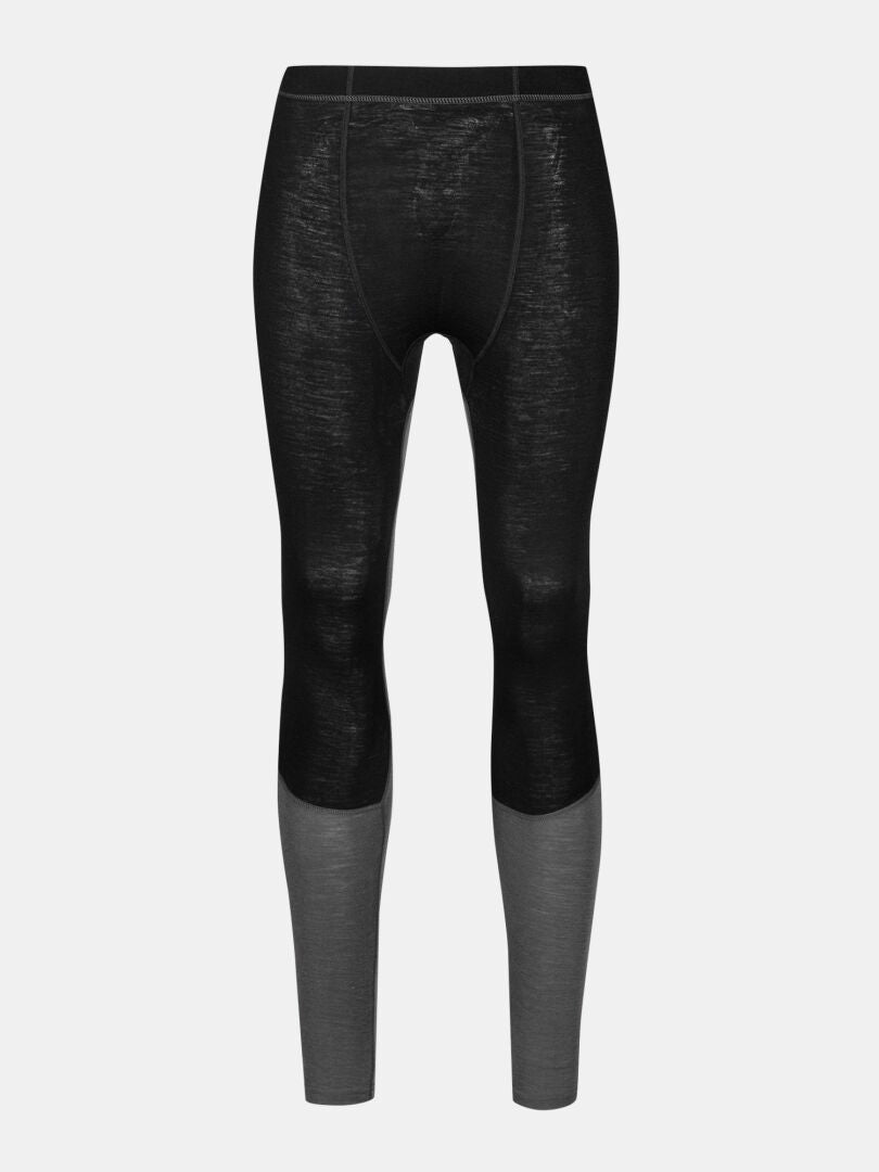 Halti Hossa II Merino Kerrasto Miesten mustat ja harmaat legginssit, joissa on näkyviä tikkauksia yksivärisellä valkoisella pohjalla.