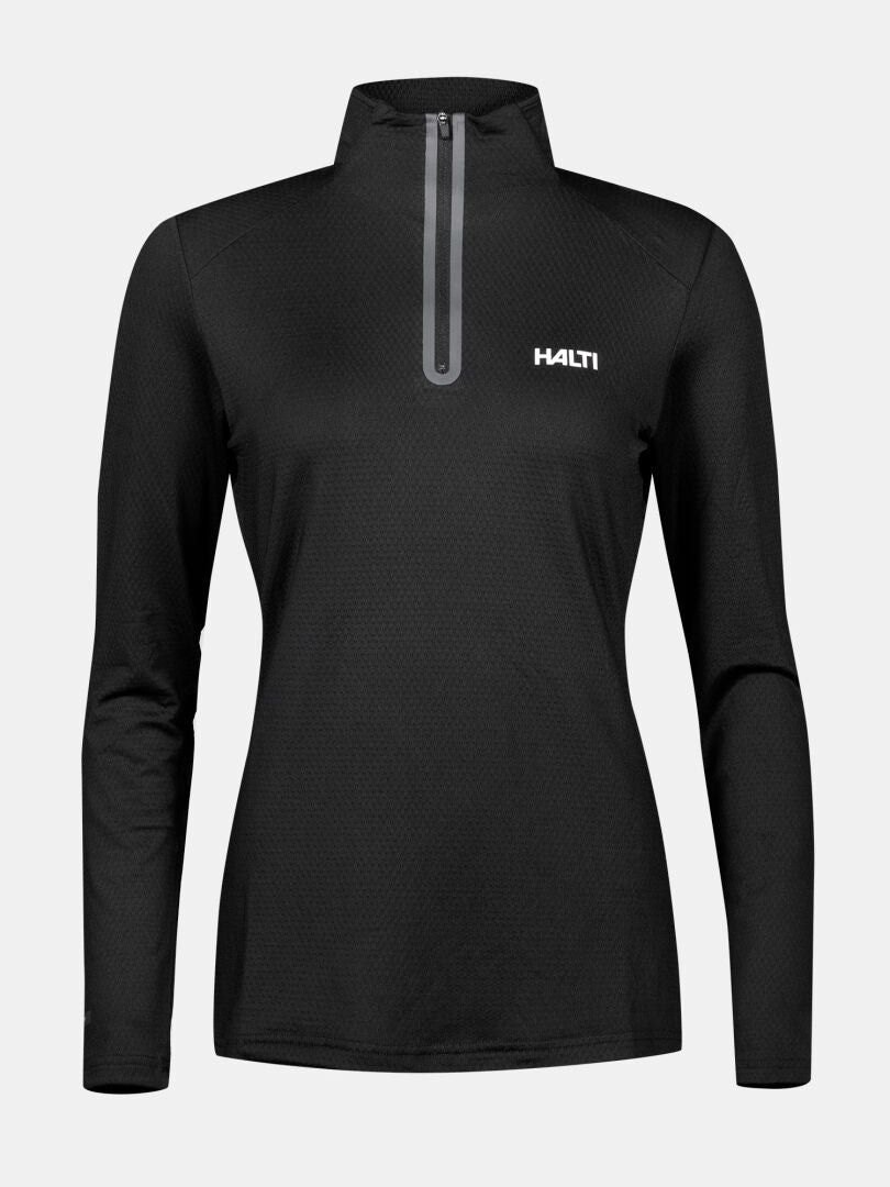 Halti Jaako Paita Naisten on musta pitkähihainen puolivuotinen midlayer, jossa on Active Dry Sport -neule ja logo rinnassa.