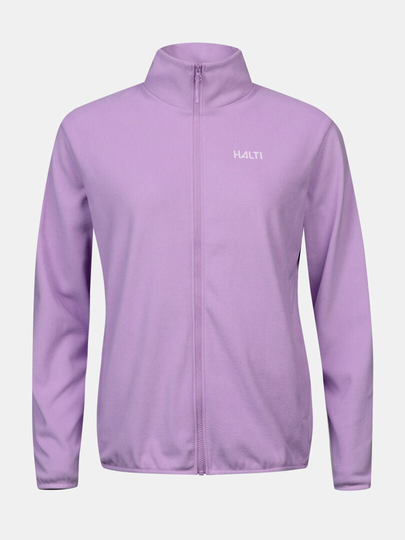 Halti Rockmoon Fleecetakki Naisten Plus: laventelinsininen fleece, HALTI-logo, pitkät hihat, plus-kokoisille suunniteltu välikerros.