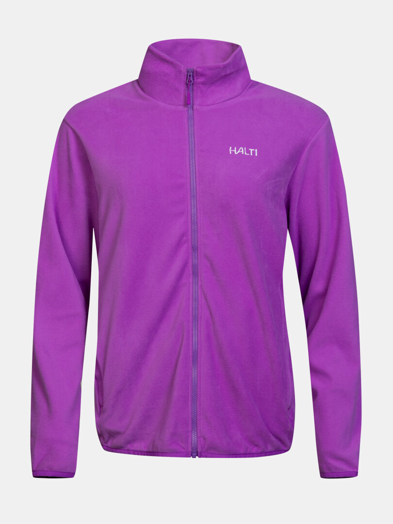 Halti Rockmoon -naisten plus-fleece-takki, violetti, korkea kaulus, kierrätysfleece ja Halti-logo.