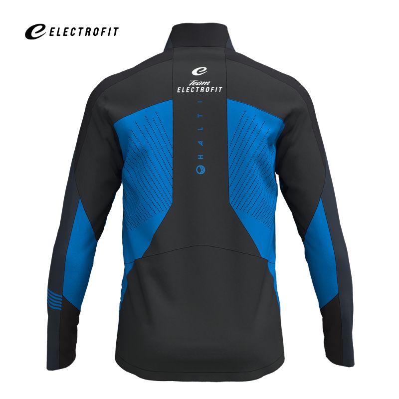 Haltin Veloce Hiihtotakki Miesten mustana ja sinisenä, kuvassa takaa ELECTROFIT- ja HALTI-logoilla.