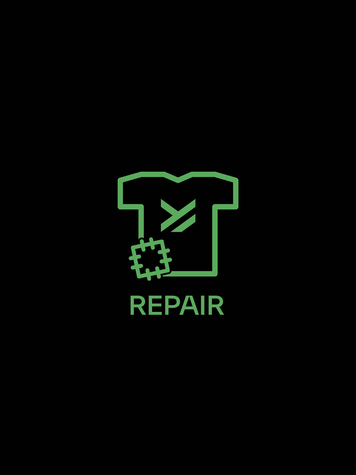 T-paidan vihreä ääriviiva, jossa on laastari ja sana REPAIR sen alla mustalla pohjalla.