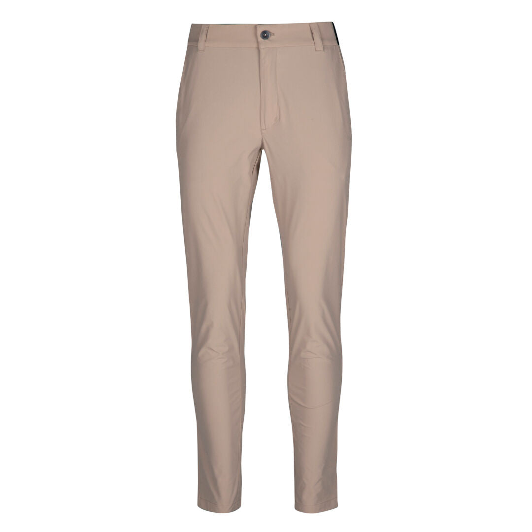 Halti Drive X-stretch Naisten chinot, slim fit, napillinen vetoketju, beige, valkoisella taustalla.